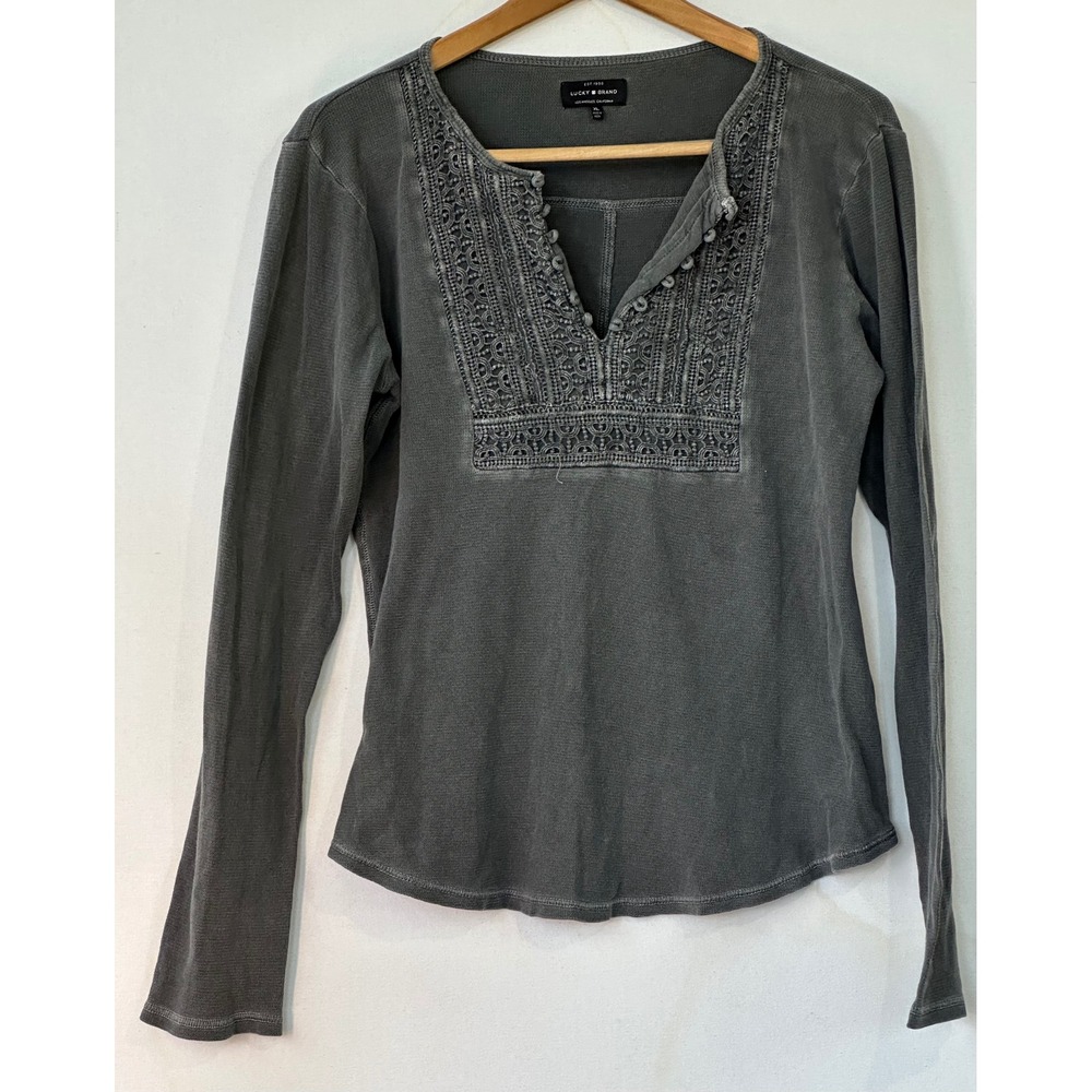 Lucky Brand Henley Top Gray Thermal Womens XL Moto Grunge BOHO